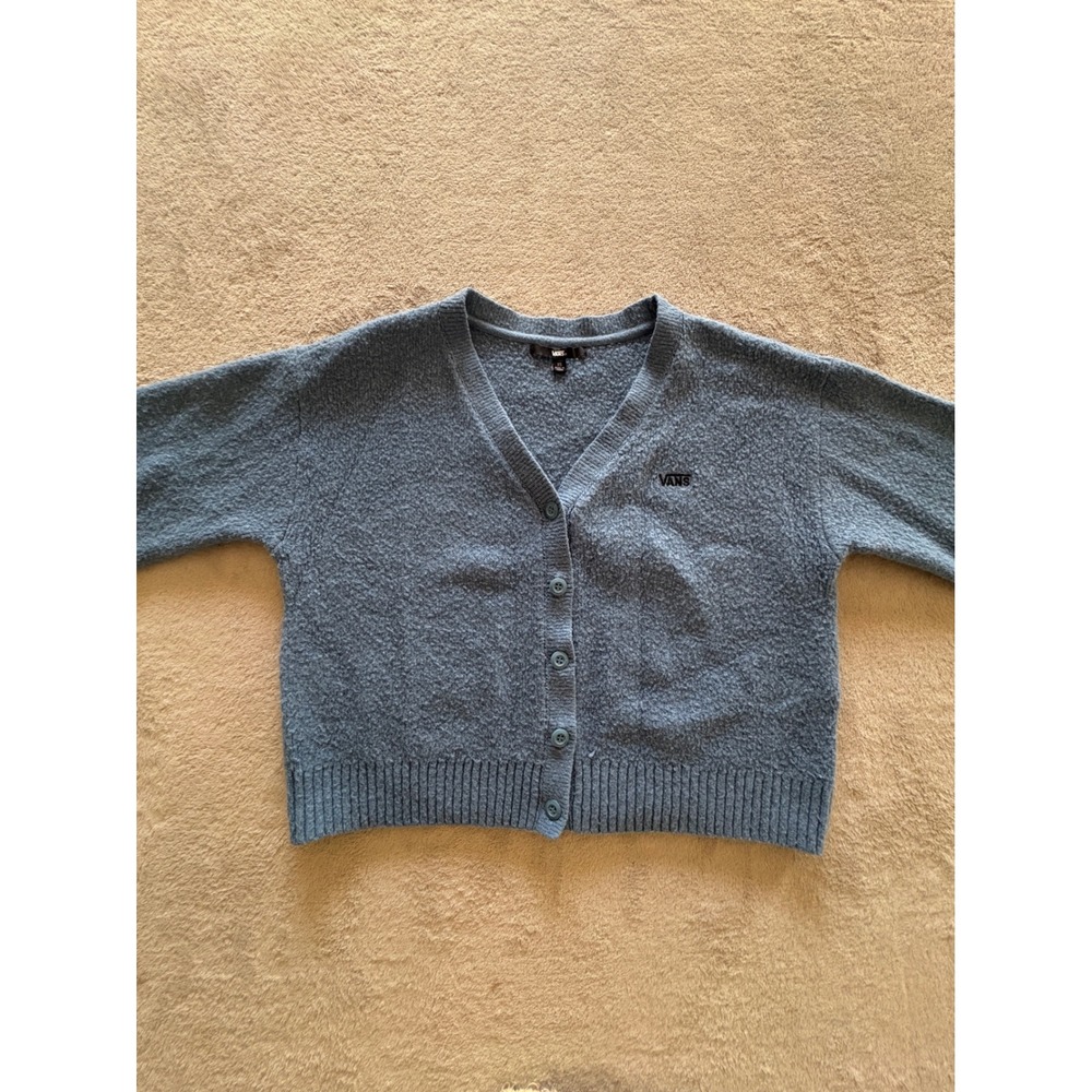 Vans Womens Blue Boucle Knit Cropped Cardigan Sweater XS Button Up Logo